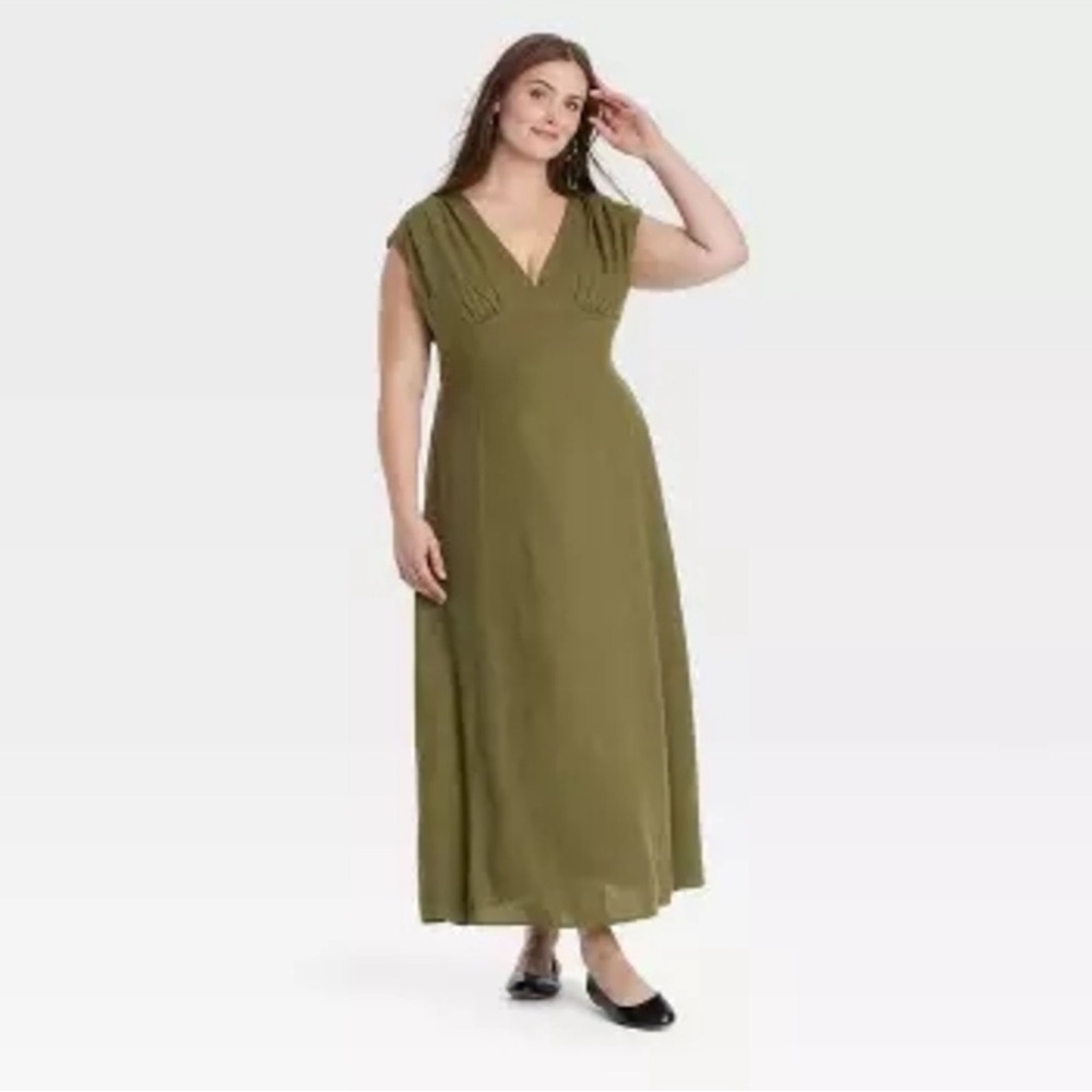 Universal Thread Green Maxi Dress V-Neck Cap Sleeve